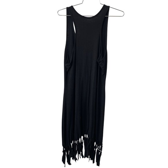 Scoop Neck Fringe Hem Tank Dress Size Large Sleeveless Solid Black Swim Cover Up - Picture 2 of 5